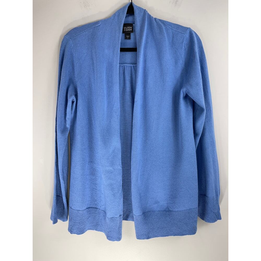 EILEEN FISHER Silk Cashmere Open Front Cardigan Sweater Blue Sz S Fine Knit